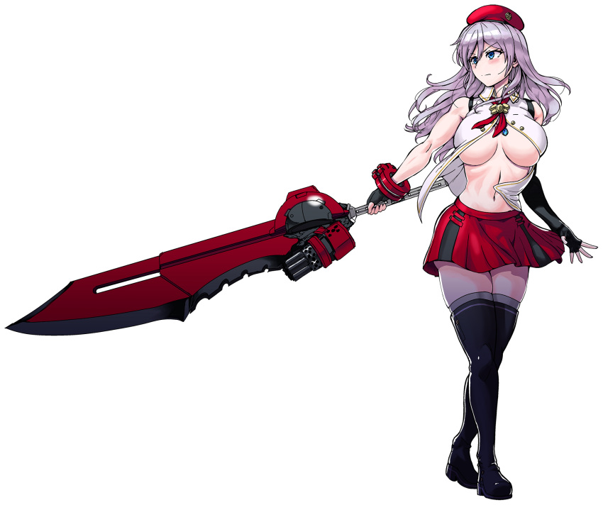 1girl, alisa_ilinichina_amiella, asymmetrical_gloves, bangs, bare_shoulders, beret, black_footwear, black_gloves