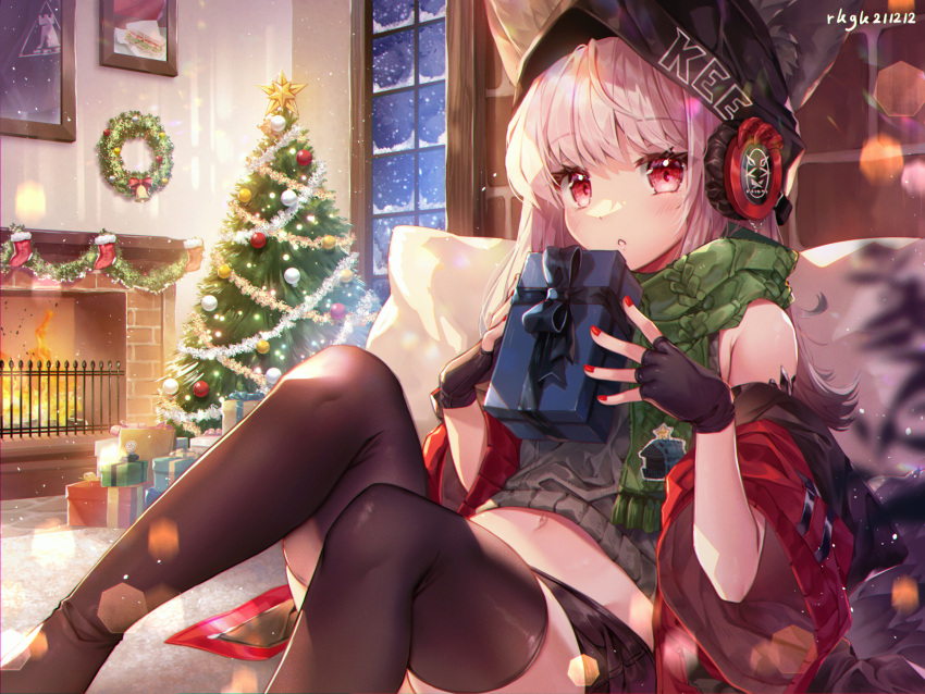 1girl, animal_ears, arknights, bangs, black_gloves, black_legwear, christmas, christmas_lights