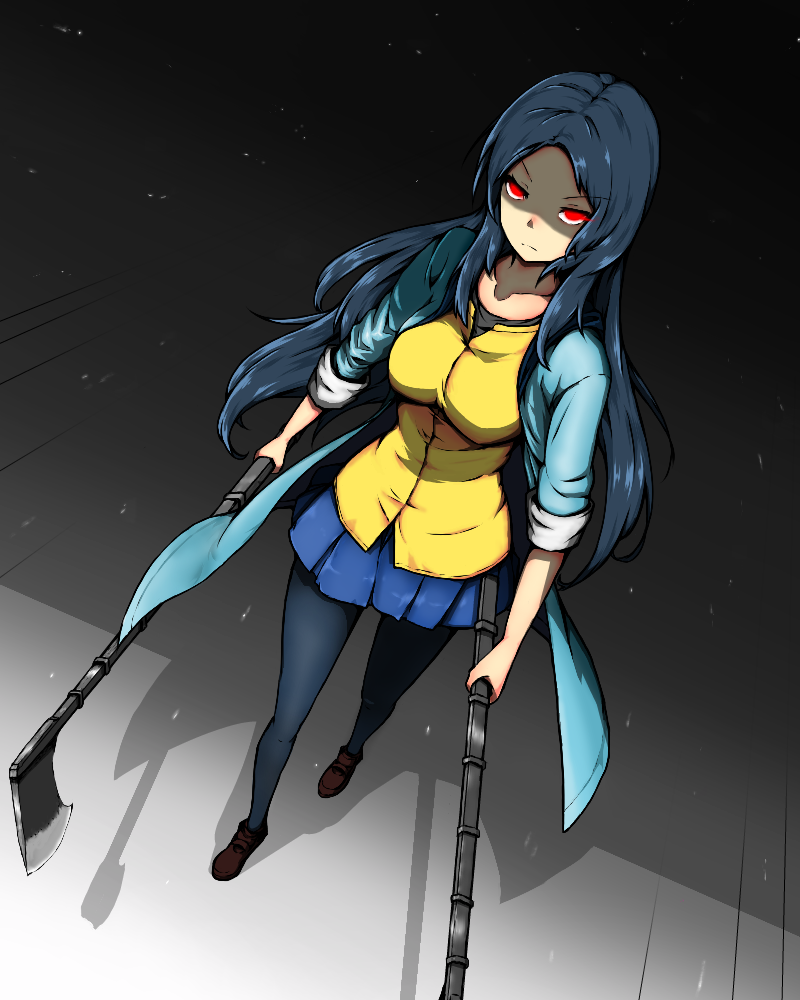 1girl, axe, black_tights, black_undershirt, blue_coat, blue_hair, blue_long_coat, blue_miniskirt