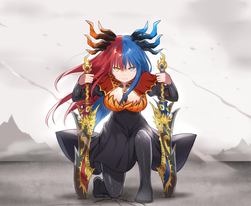 1girl, absurdres, bangs, blue_eyes, blue_hair, blue_horns, breasts, bright_pupils