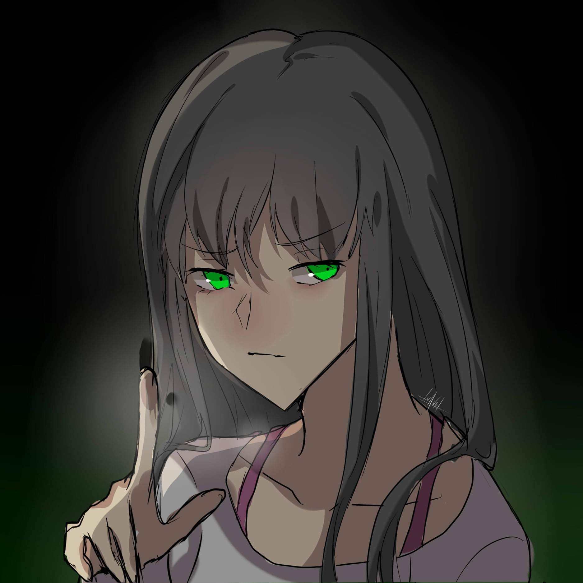 1girl, bangs, emma_s._white, eyebrows, eyebrows_visible_through_hair, eyes, finger_raised, green_eyes