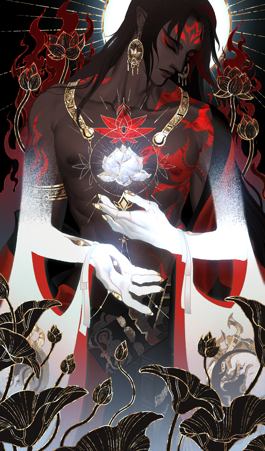 1boy, armlet, asura_(onmyouji), bangs, black_background, black_hair, bodypaint, closed_eyes