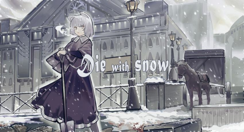 1girl, animal_ears, black_capelet, black_dress, blood_on_snow, breath, building, capelet