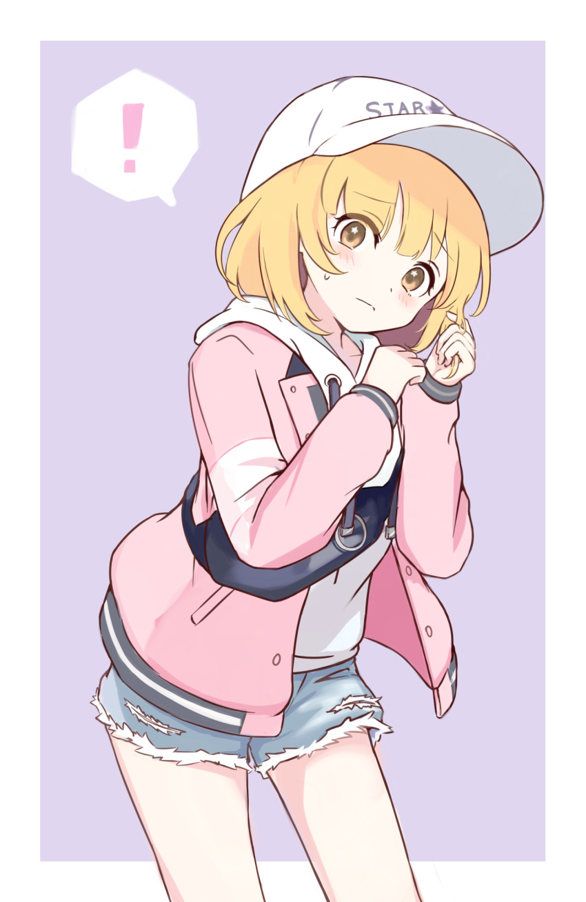 1girl, ?, bangs, baseball_cap, blonde_hair, blush, border, chieru_(princess_connect!), chieru_(real)_(princess_connect!), clenched_hands, closed_mouth, commentary_request, cowboy_shot, denim, denim_shorts, fanny_pack, frown, hand_in_hair, hands_up, hat, head_tilt, highres, hood, hoodie, jacket, looking_at_viewer, onigiri_noe, outside_border, pink_jacket, princess_connect!, short_hair, short_shorts, shorts, solo, spoken_question_mark, star_(symbol), star_in_eye, sweatdrop, symbol_in_eye, torn_clothes, torn_shorts, white_border, white_headwear, white_hoodie, yellow_eyes