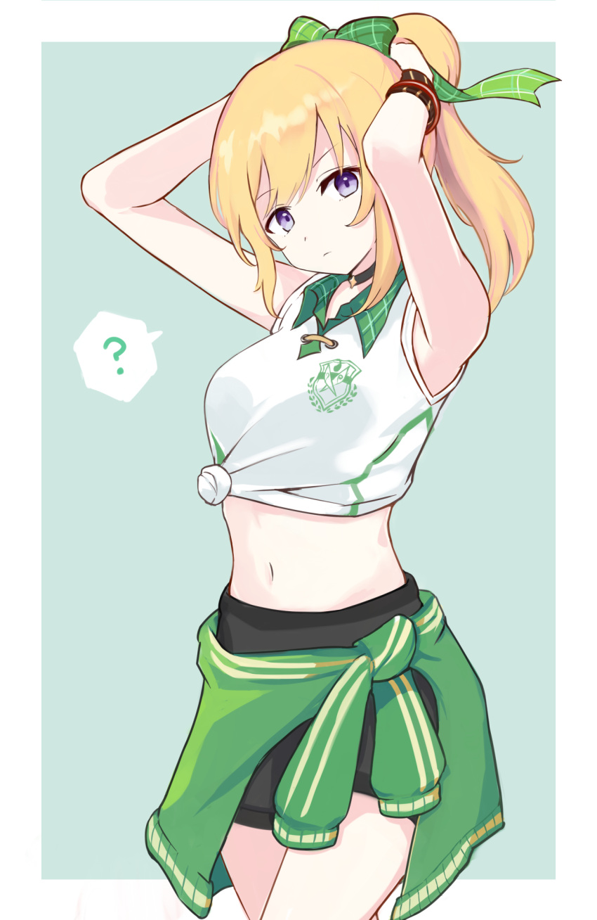 1girl, ?, arms_up, bangs, black_shorts, blonde_hair, border, bracelet
