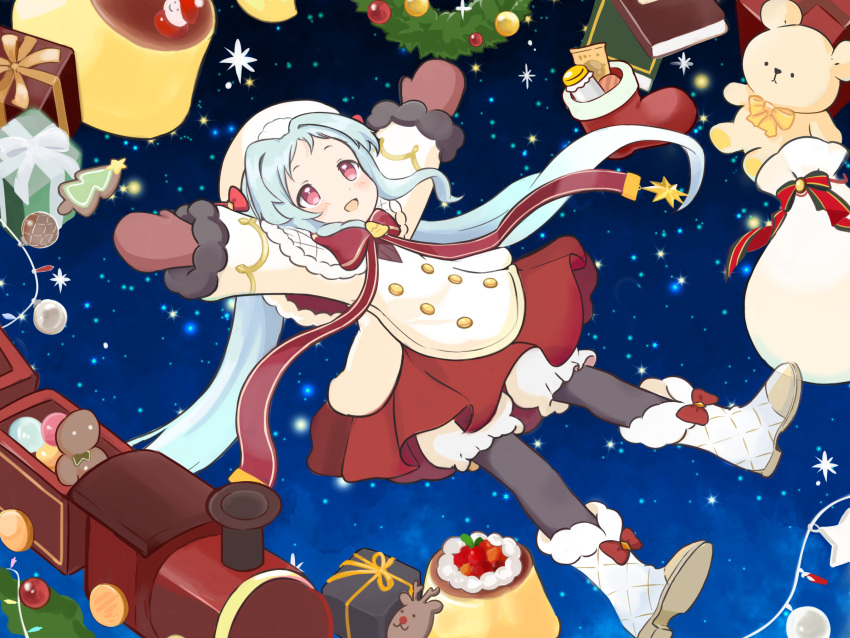 1girl, black_legwear, bloomers, blue_hair, blush, boots, bow, bowtie