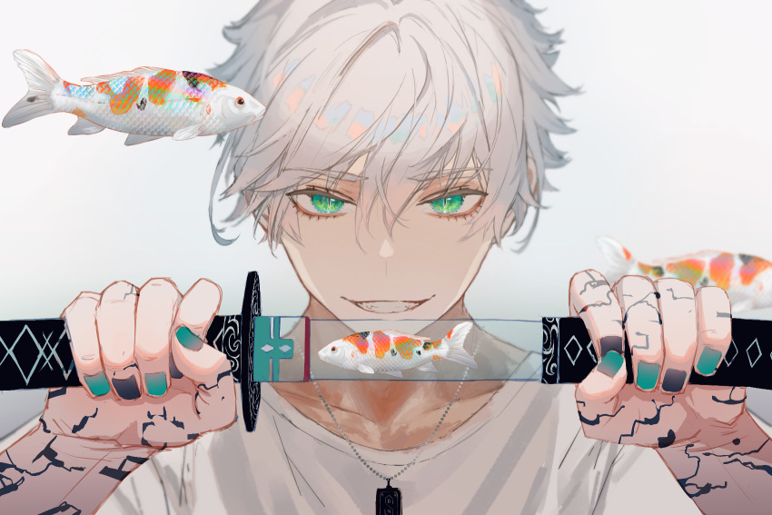 1boy, black_nails, dog_tags, fish, green_eyes, green_nails, highres, holding