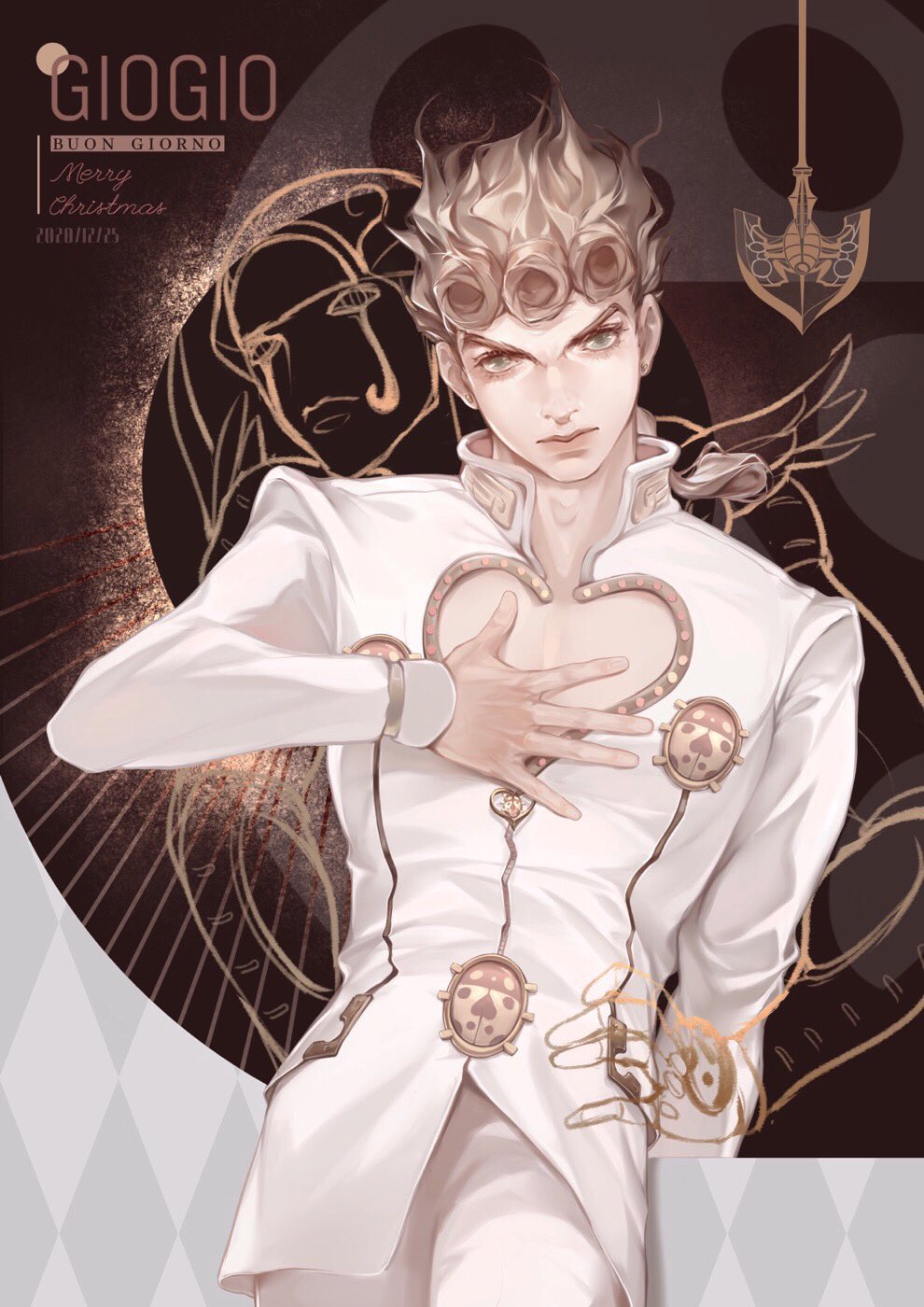 2boys, arrow_(projectile), blonde_hair, braid, bug, chanasykine, dated, giorno_giovanna, gold_experience, green_eyes, hand_on_own_chest, highres, jacket, jojo_no_kimyou_na_bouken, ladybug, male_focus, merry_christmas, multiple_boys, outline, stand_(jojo), stand_arrow, vento_aureo, white_jacket