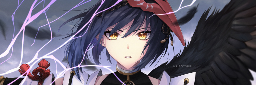 1girl, absurdres, artist_name, bangs, black_hair, black_wings, detached_sleeves, eyelashes