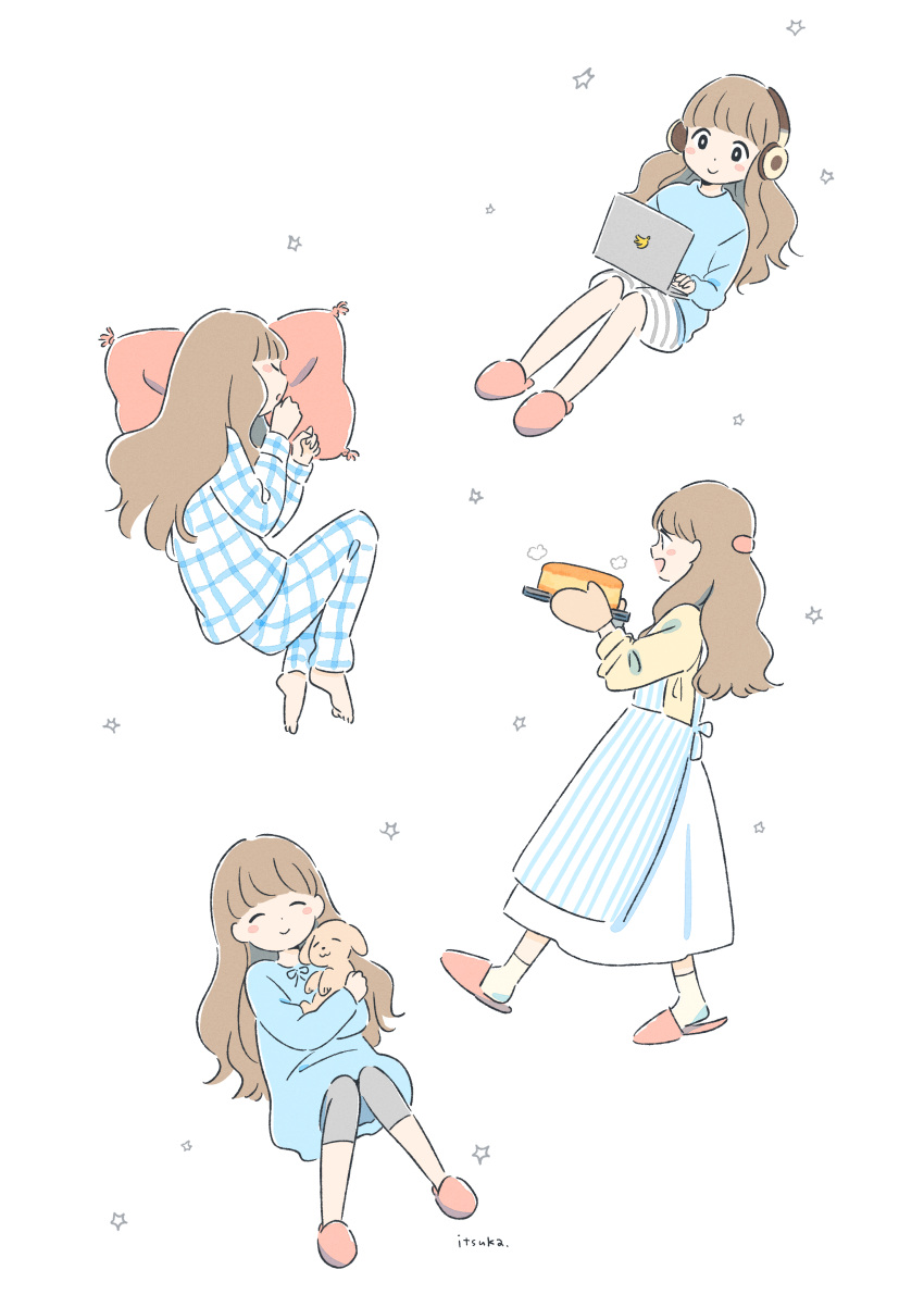1girl, :d, ^_^, absurdres, animal, ankle_socks, apron, at_computer