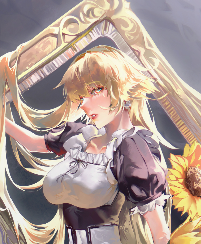 1girl, bangs, black_dress, blonde_hair, blue_eyes, breasts, clip_studio_paint_(medium), collarbone