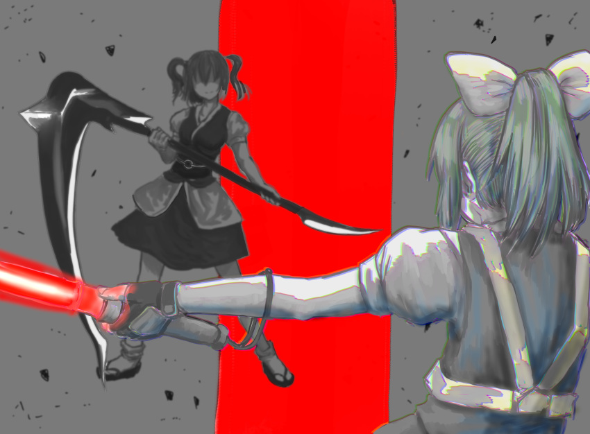 2girls, bangs, bow, chromatic_aberration, closed_mouth, commentary_request, cookie_(touhou), daiyousei