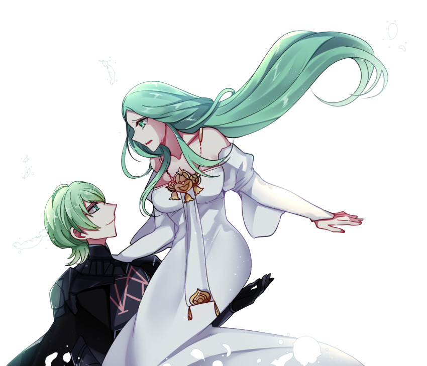 1boy, 1girl, byleth_(fire_emblem), byleth_eisner_(male), catching, comforting, dress, falling