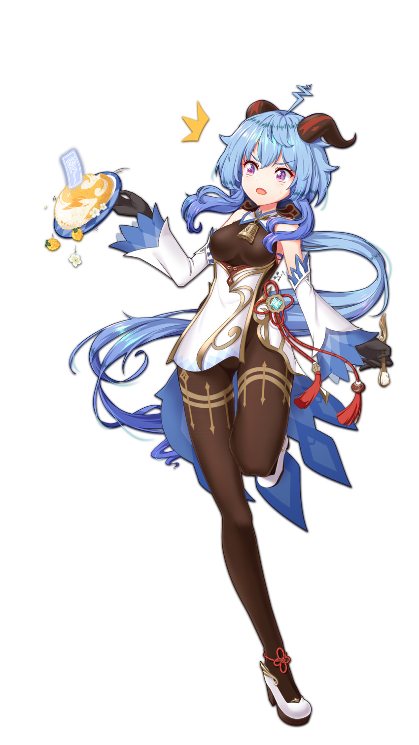 ^^^, ahoge, bangs, bare_shoulders, bell, black_gloves, black_legwear, blue_hair, bodystocking, bodysuit, bow, breasts, chinese_knot, detached_sleeves, eyebrows_visible_through_hair, flower_knot, food, full_body, ganyu_(genshin_impact), genshin_impact, gloves, gold_trim, high_heels, highres, horns, leg_up, long_hair, looking_at_another, low_ponytail, medium_breasts, miaoxfv, neck_bell, open_mouth, pantyhose, pelvic_curtain, prosperous_peace_(genshin_impact), sidelocks, solo, spoon, standing, talisman, tassel, thigh_gap, thighlet, very_long_hair, violet_eyes, vision_(genshin_impact), wavy_mouth, white_sleeves
