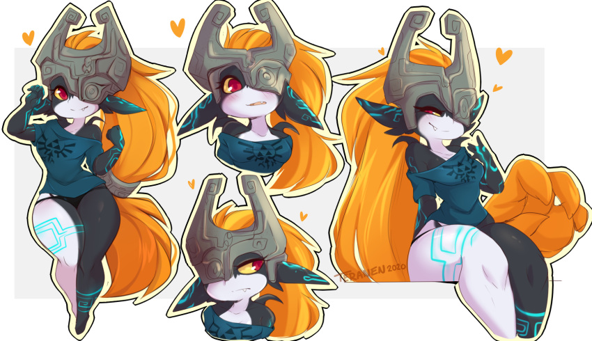 1girl, artist_name, black_panties, black_skin, blue_shirt, closed_mouth, collarbone, colored_sclera, colored_skin, fang, half-closed_eye, heart, highres, legs_together, long_hair, looking_at_viewer, midna, multicolored_skin, orange_hair, panties, parted_lips, red_eyes, shirt, short_sleeves, sitting, smug, teranen, the_legend_of_zelda, the_legend_of_zelda:_twilight_princess, underwear, white_skin, yellow_sclera