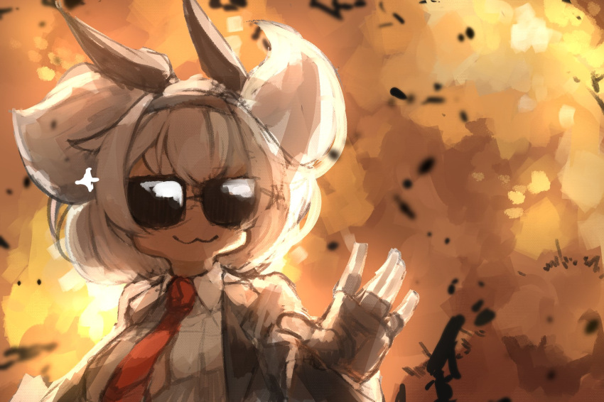 1girl, :3, alvis_(last_origin), collared_shirt, explosion, fingerless_gloves, fire, formal