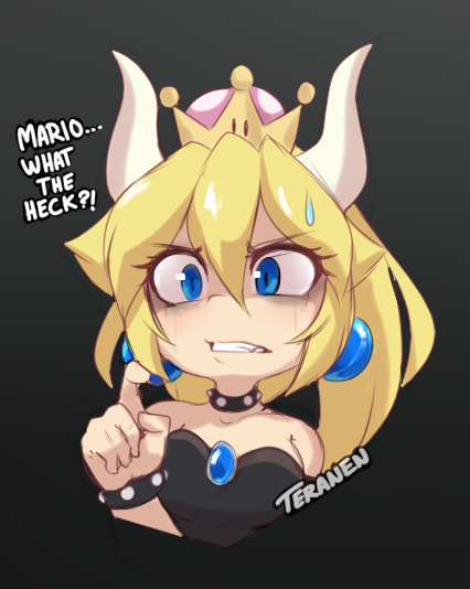 1girl, artist_name, bare_shoulders, black_dress, blonde_hair, blue_eyes, bowsette, chibi