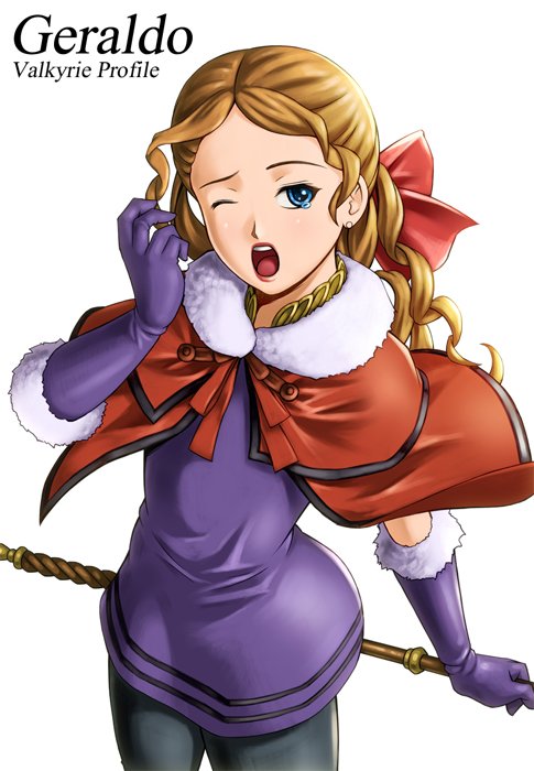 1girl, blonde_hair, blue_eyes, bow, cloak, dress, earrings, gloves