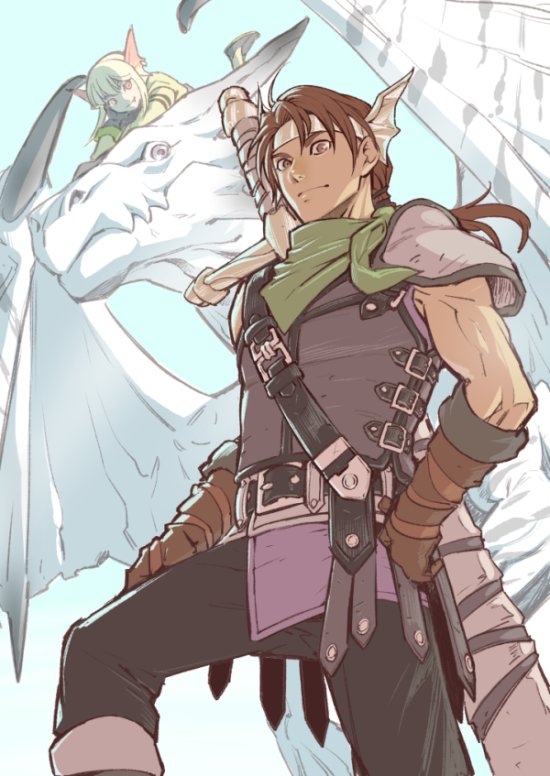1boy, 1girl, blonde_hair, brown_gloves, brown_hair, closed_mouth, dragon, futch, gensou_suikoden, gensou_suikoden_iii, gloves, headband, looking_at_viewer, sharon_(suikoden), shimizu_aki, short_hair, simple_background, smile, sword, weapon, wings