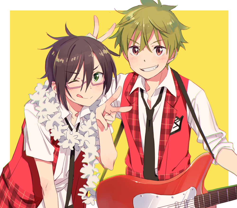 2boys, ;q, akiyama_hayato, arm_up, asymmetrical_hair, bangs, black_hair, black_necktie
