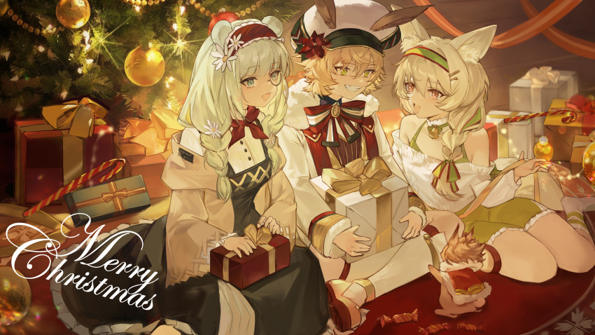 1boy, 2girls, :d, animal_ear_fluff, animal_ears, arknights, bangs, bare_shoulders