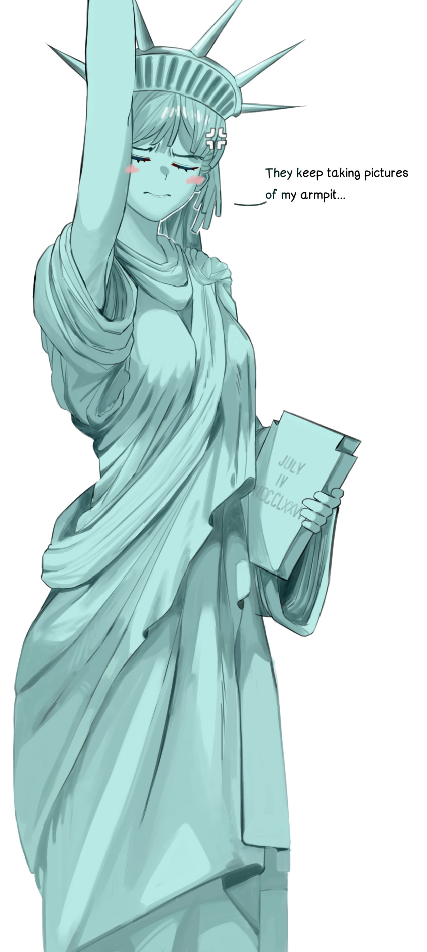 1girl, absurdres, armpits, asymmetrical_sleeves, bangs, blush, book, breasts, buffy_(risottosf), closed_mouth, colored_skin, dress, green_dress, green_hair, green_headwear, green_skin, hairband, hand_up, highres, holding, holding_book, long_sleeves, medium_breasts, medium_hair, original, personification, short_sleeves, simple_background, solo, spikes, standing, statue, statue_of_liberty, stola, uneven_sleeves, white_background