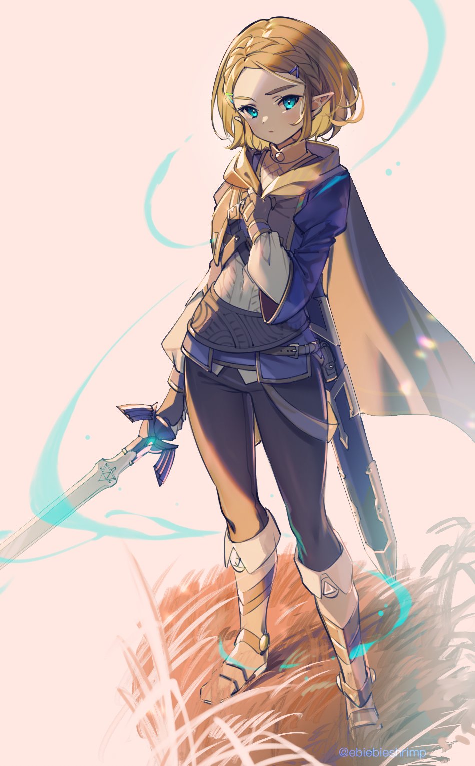1girl, armored_boots, bangs, belt, belt_pouch, black_pants, blonde_hair, blue_eyes, boots, braid, breasts, cape, closed_mouth, commentary, crown_braid, fingerless_gloves, full_body, gloves, hairlip, highres, holding, holding_sword, holding_weapon, knee_boots, looking_at_viewer, master_sword, pants, parted_bangs, pink_background, pointy_ears, pouch, princess_zelda, scabbard, sheath, shirt, short_hair, shuri_(84k), simple_background, small_breasts, solo, standing, strap, sword, the_legend_of_zelda, the_legend_of_zelda:_breath_of_the_wild, the_legend_of_zelda:_breath_of_the_wild_2, twitter_username, weapon, white_footwear, white_shirt
