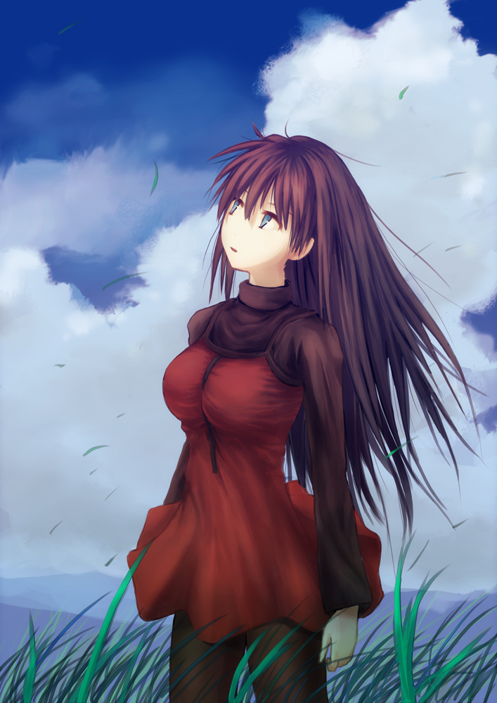 1girl, amema, aozaki_aoko, blue_eyes, breasts, brown_hair, casual, from_behind