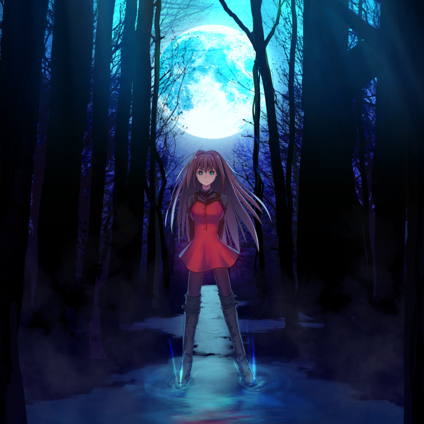 1girl, amema, aozaki_aoko, blue_eyes, breasts, brown_hair, casual, from_behind, hair_between_eyes, hands_on_hips, large_breasts, long_hair, mahou_tsukai_no_yoru, pantyhose, red_eyes, smile, solo, thighs