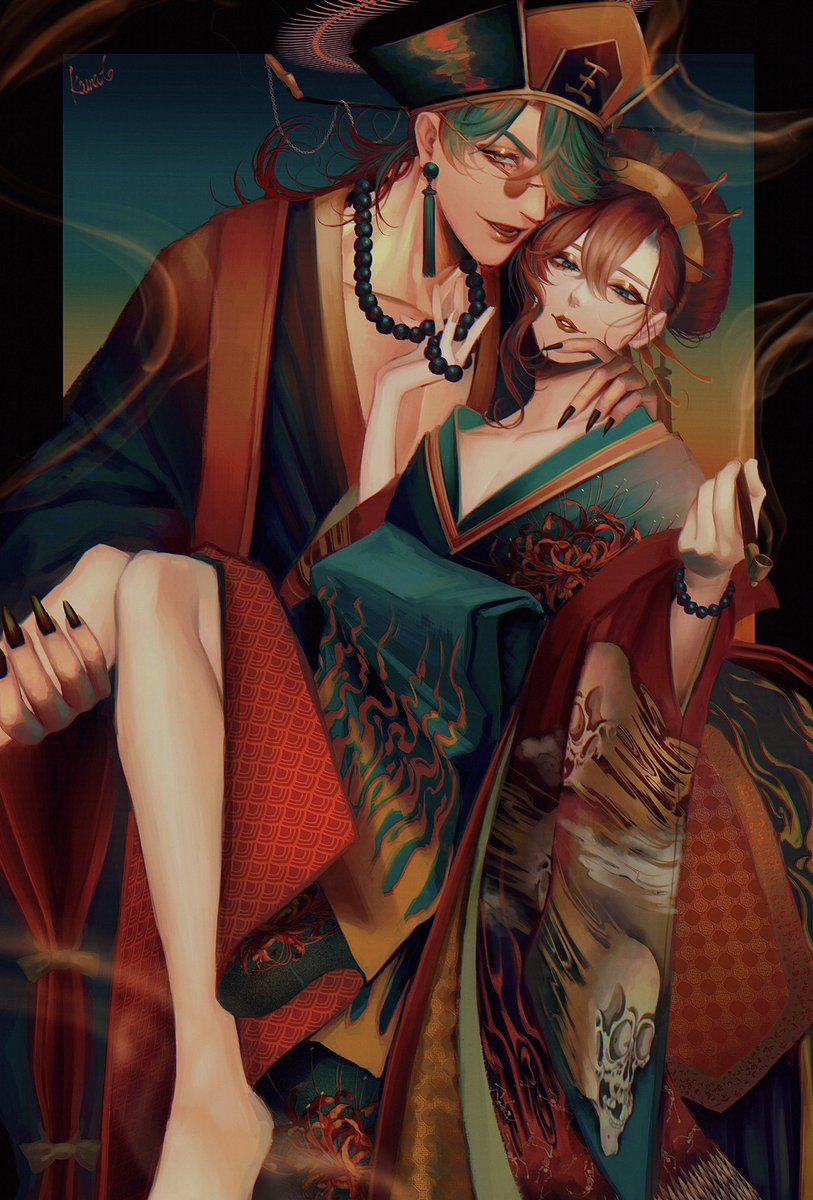 1boy, 1girl, archived_source, black_nails, carrying, earrings, feet_out_of_frame, flower, green_hair, hat, highres, holding, holding_pipe, japanese_clothes, jewelry, kamato_il, kimono, original, parted_lips, pipe, print_kimono, redhead, skull_print, smile, spider_lily, tassel