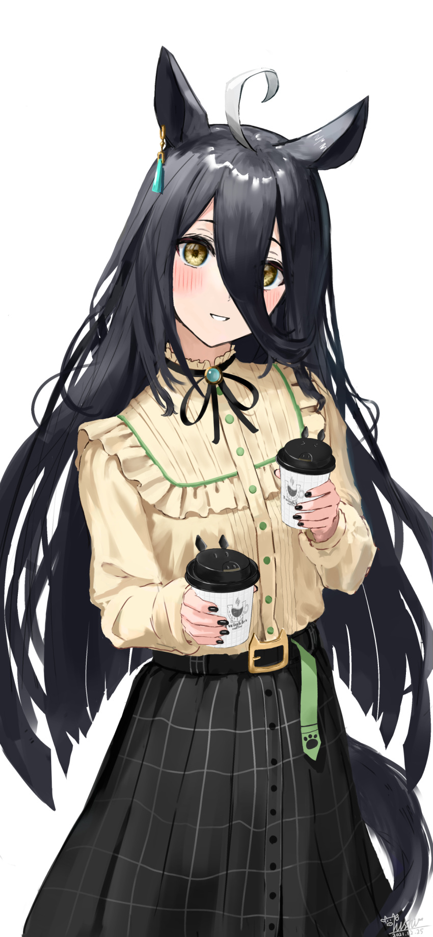 1girl, absurdres, ahoge, animal_ears, belt, black_hair, black_nails, blush