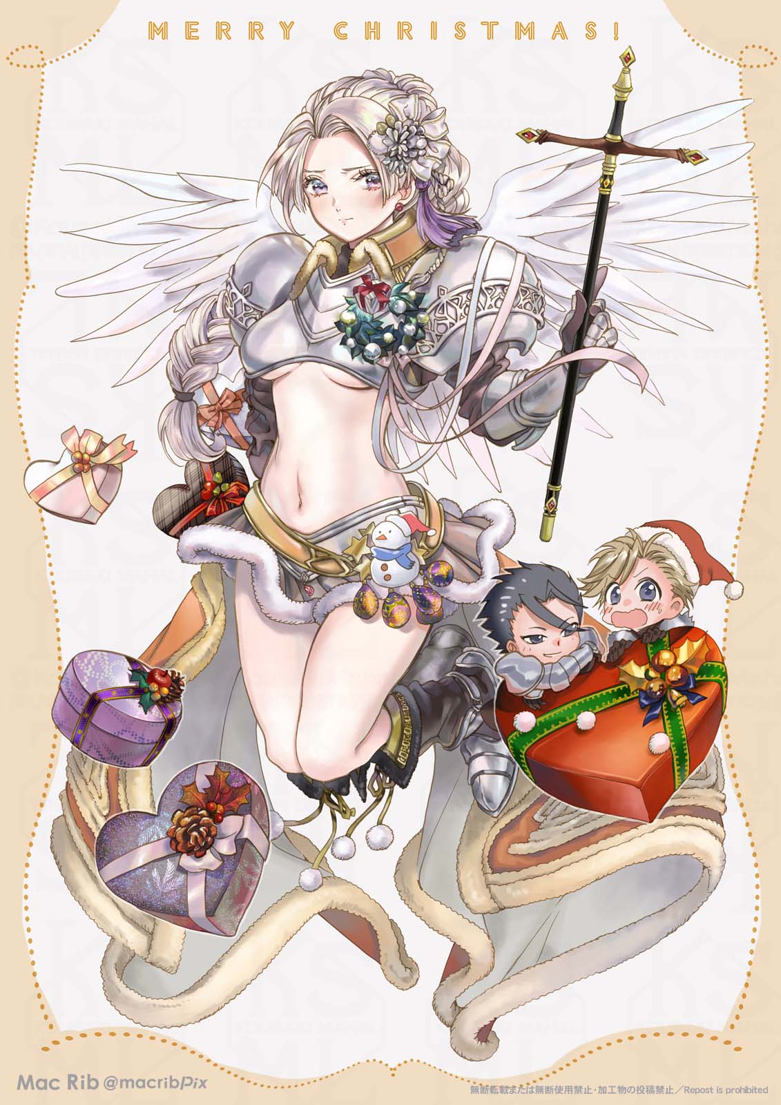1girl, 2boys, armor, box, breasts, chris_lightfellow, closed_mouth, earrings