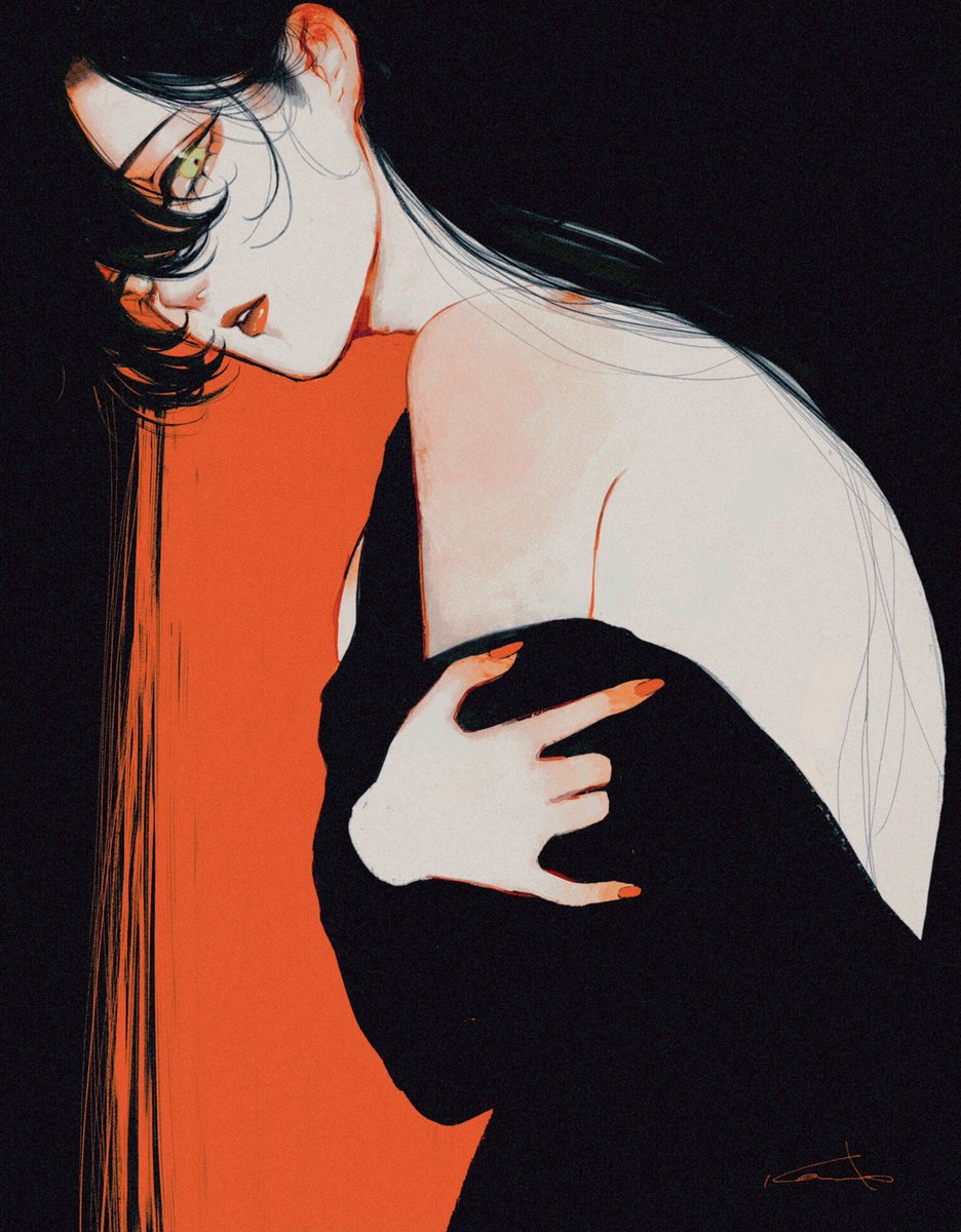 1girl, archived_source, bangs, black_background, black_hair, blending, colored_inner_hair, hair_behind_ear
