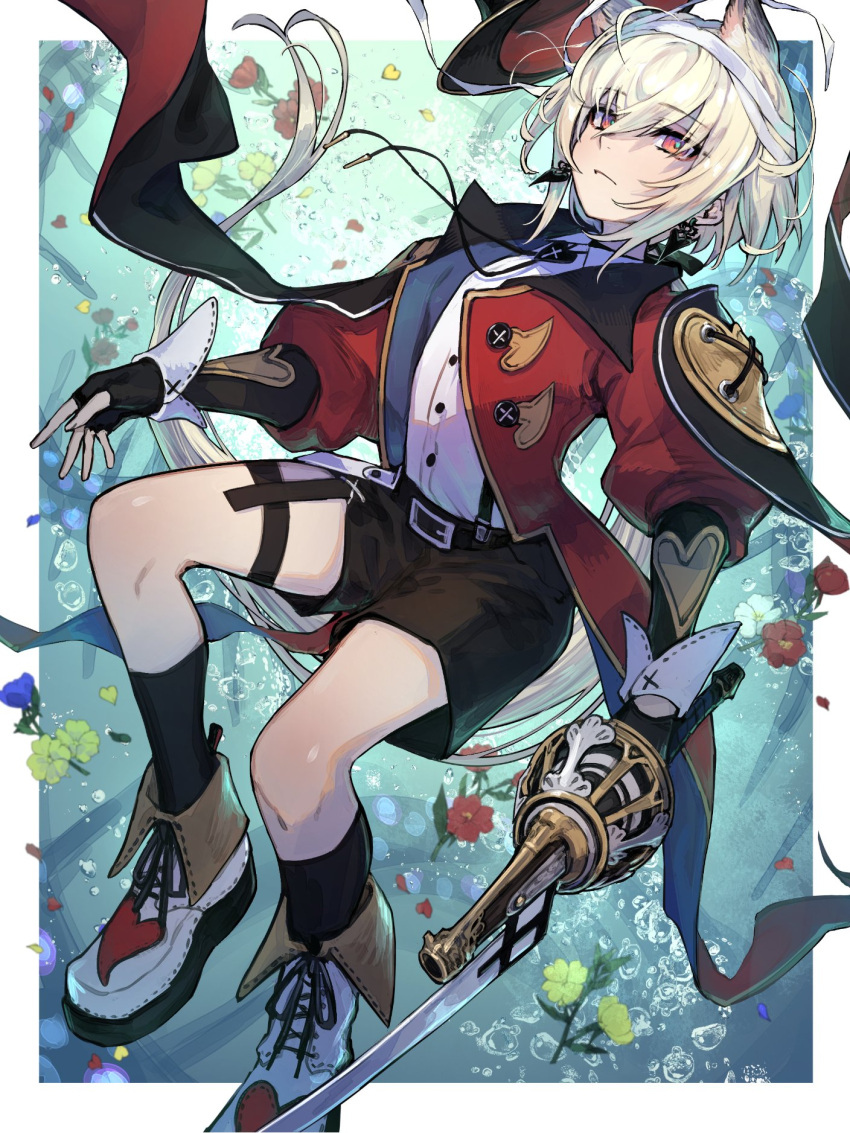 1girl, air_bubble, animal_ear_fluff, animal_ears, aqua_pupils, armor, bandages, belt