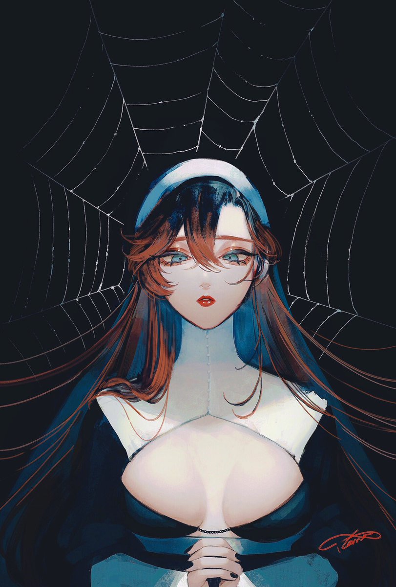 1girl, aqua_eyes, archived_source, black_background, black_nails, breasts, breasts_apart, habit