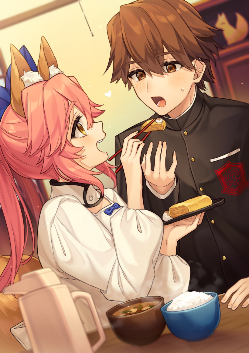 1boy, 1girl, animal_ear_fluff, animal_ears, apron, bangs, black_shirt, blue_bow