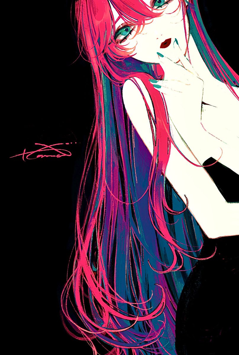 1girl, aqua_eyes, aqua_nails, archived_source, black_background, black_dress, cowboy_shot, dress