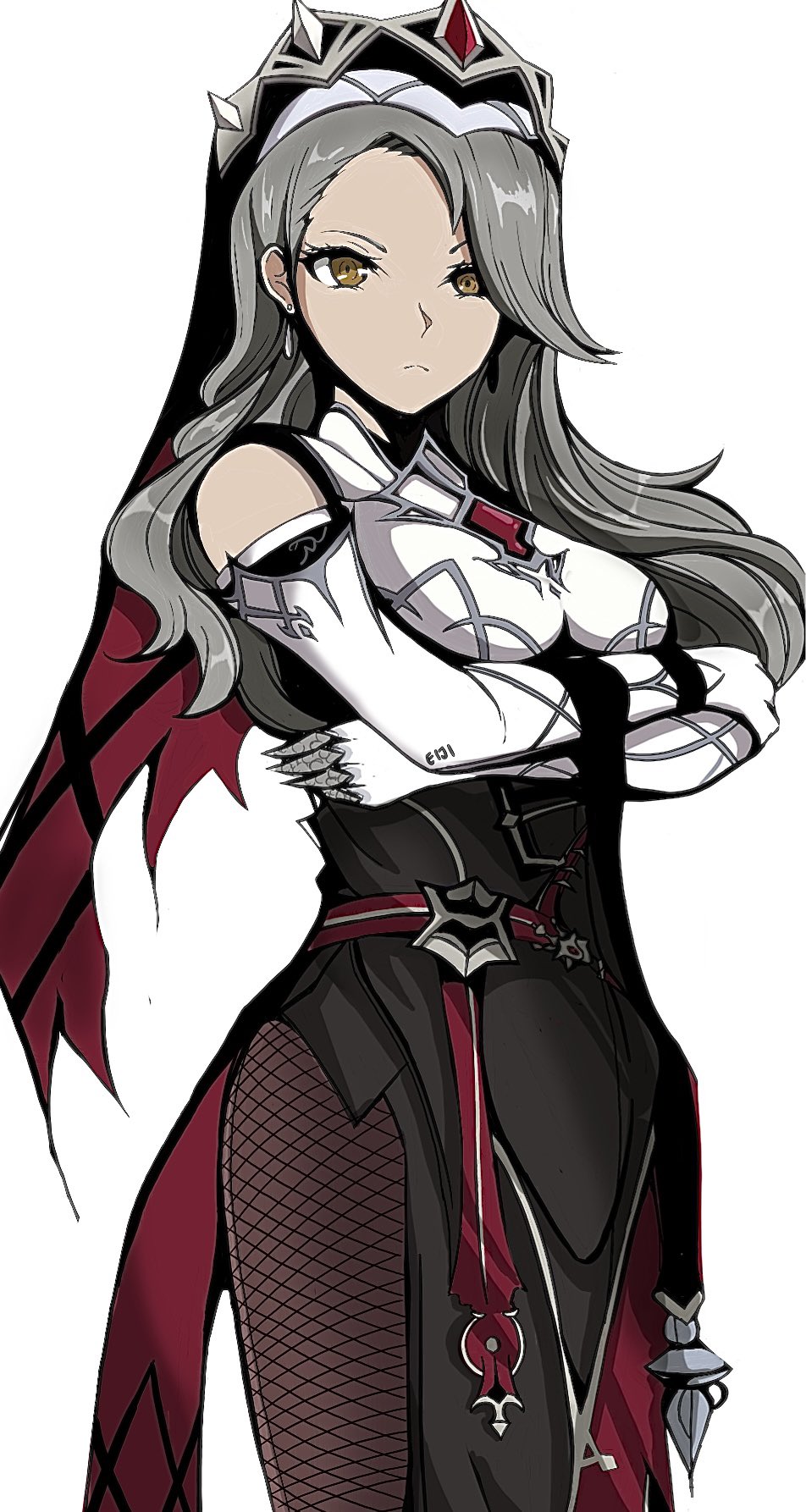 1girl, breasts, brown_eyes, cosplay, crossed_arms, detached_sleeves, elizabeth_maxwell, fishnet_legwear, fishnets, genshin_impact, grey_hair, habit, highres, large_breasts, long_hair, multicolored_clothes, multicolored_headwear, n2w_ej, niijima_sae, nun, persona, persona_5, rosaria_(genshin_impact), rosaria_(genshin_impact)_(cosplay), two-tone_dress, veil, voice_actor_connection