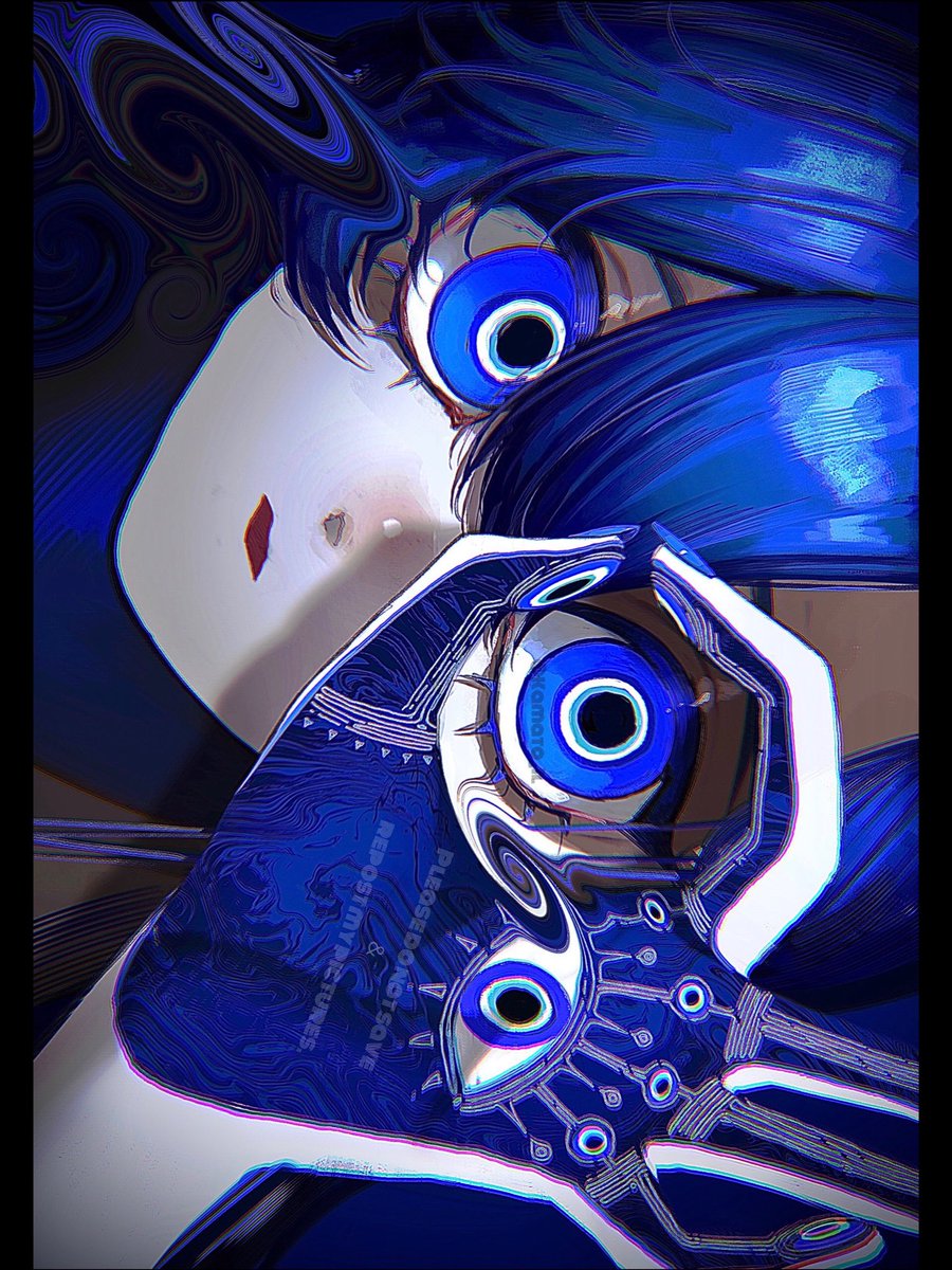 1girl, archived_source, blue_eyes, blue_theme, chromatic_aberration, expressionless, hand_up, highres