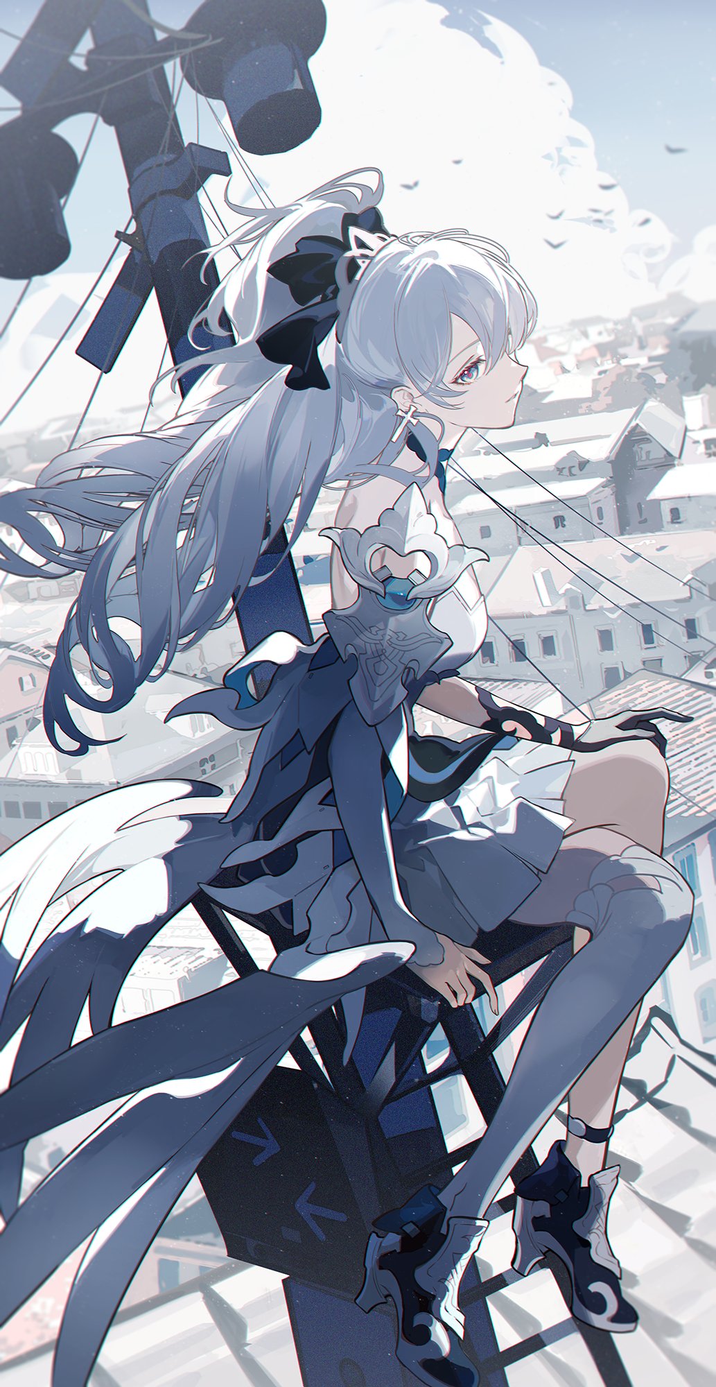 1girl, bangs, black_footwear, black_gloves, blue_sky, boots, bronya_zaychik, bronya_zaychik_(silver_wing), city, clouds, cloudy_sky, dress, earrings, full_body, gloves, grey_eyes, grey_hair, hair_ornament, highres, honkai_(series), honkai_impact_3rd, jewelry, lamppost, long_hair, looking_at_viewer, looking_to_the_side, outdoors, ponytail, satsuya, single_glove, single_thighhigh, sitting, sky, sleeveless, sleeveless_dress, solo, thigh-highs, white_dress, white_legwear, white_sleeves