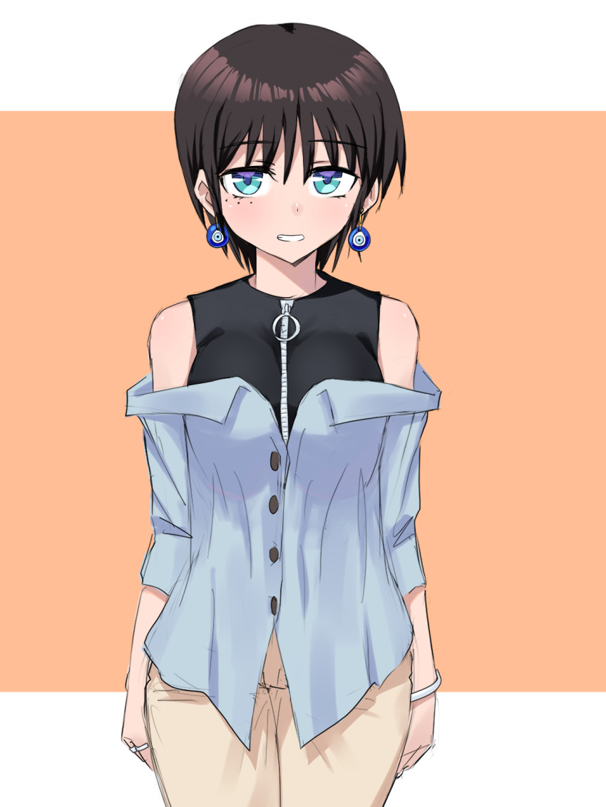 1girl, arata_oribe, bangs, black_hair, black_shirt, blue_eyes, blue_shirt, earrings