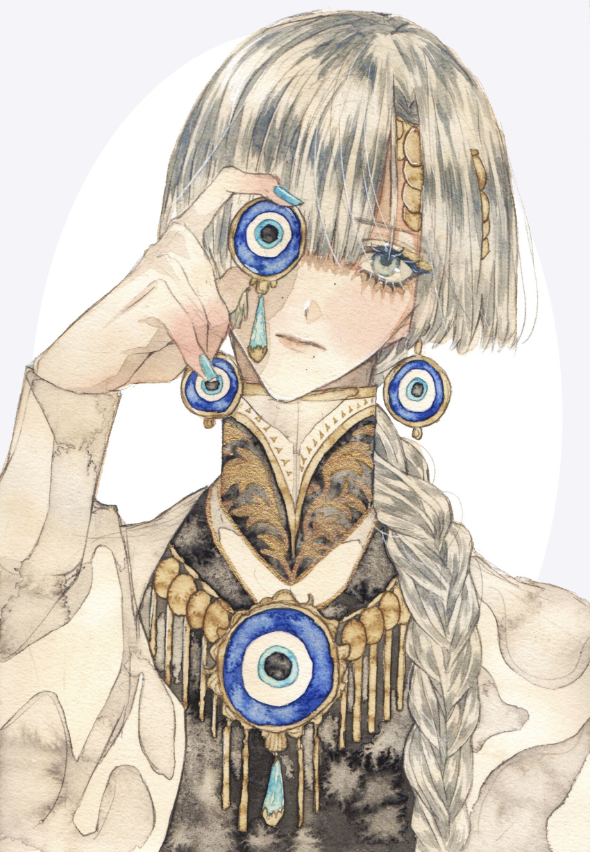 absurdres, aqua_nails, braid, braided_ponytail, earrings, expressionless, gender_request, grey_eyes
