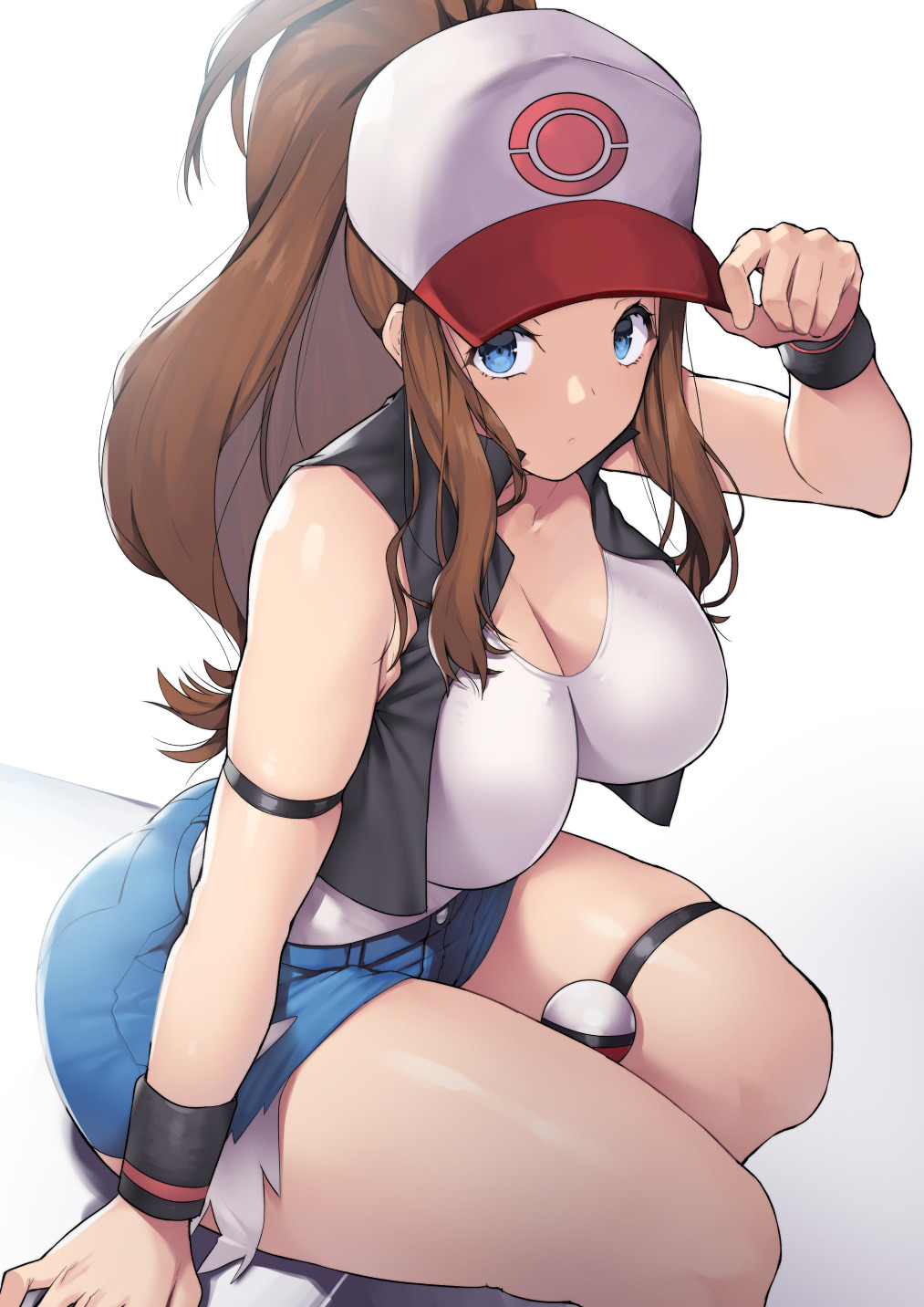 1girl, baseball_cap, black_vest, blue_eyes, blue_shorts, breasts, brown_hair, cutoffs