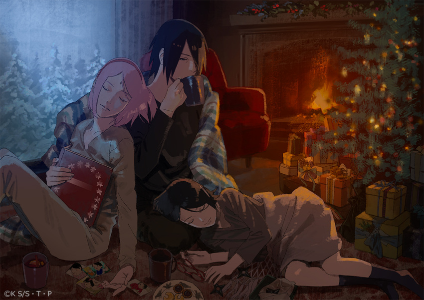 1boy, 2girls, artist_request, black_eyes, black_footwear, black_hair, blanket, blue_hair