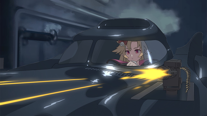 1girl, batman_(1989), batman_(series), batmobile, blonde_hair, bow, browning_m1919, cape, commentary_request, dc_comics, driving, firing, girls_frontline, gun, hair_bow, hair_ornament, m1919a4_(carmilla)_(girls'_frontline), m1919a4_(girls'_frontline), machine_gun, official_alternate_costume, parody, pink_eyes, pointy_ears, scene_reference, skull_hair_ornament, solo, steering_wheel, tab_(tabkun), weapon, wrist_cuffs