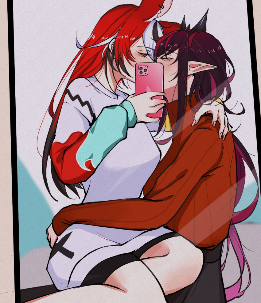 2girls, animal_ears, black_hair, blush, casual, cellphone, closed_eyes, demon_horns
