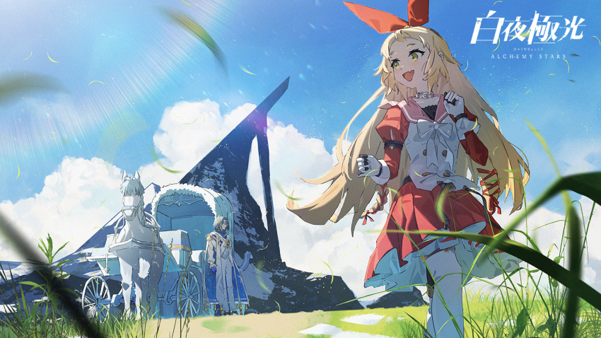 1boy, 1girl, agas_(vpwt7475), alchemy_stars, black_hair, blonde_hair, bow, bow_hairband
