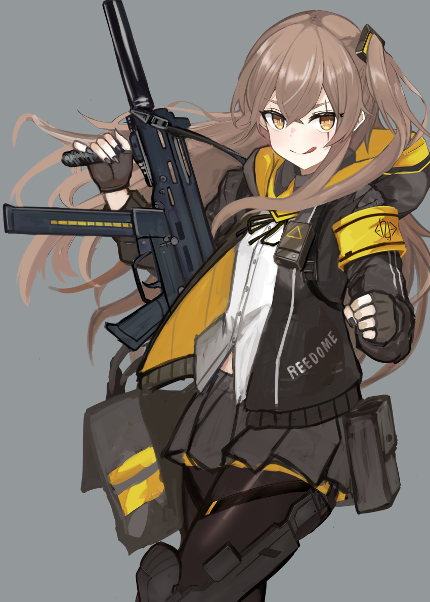 1girl, 404_logo_(girls'_frontline), :q, absurdres, armband, black_gloves, black_nails, black_skirt