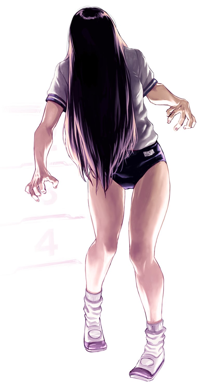 1girl, black_hair, buruma, covered_face, facing_viewer, full_body, gym_uniform, hair_over_face, highres, long_hair, parody, purple_buruma, sakkan, shirt, shoes, short_sleeves, simple_background, socks, solo, standing, the_ring, very_long_hair, white_background, white_legwear, white_shirt, yamamura_sadako