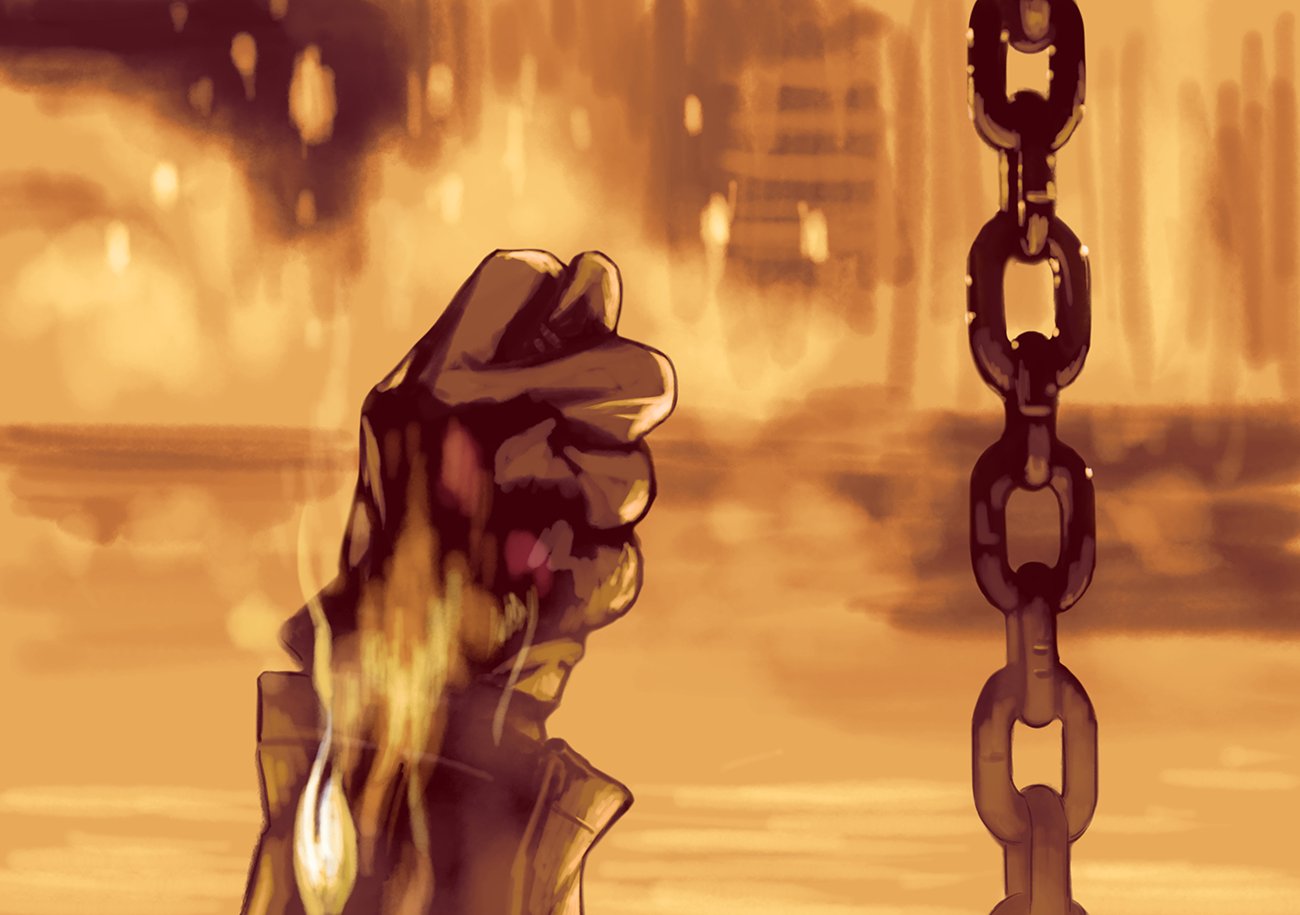 1boy, chain, fig_sign, gloves, hand_up, long_sleeves, molten_rock, parody